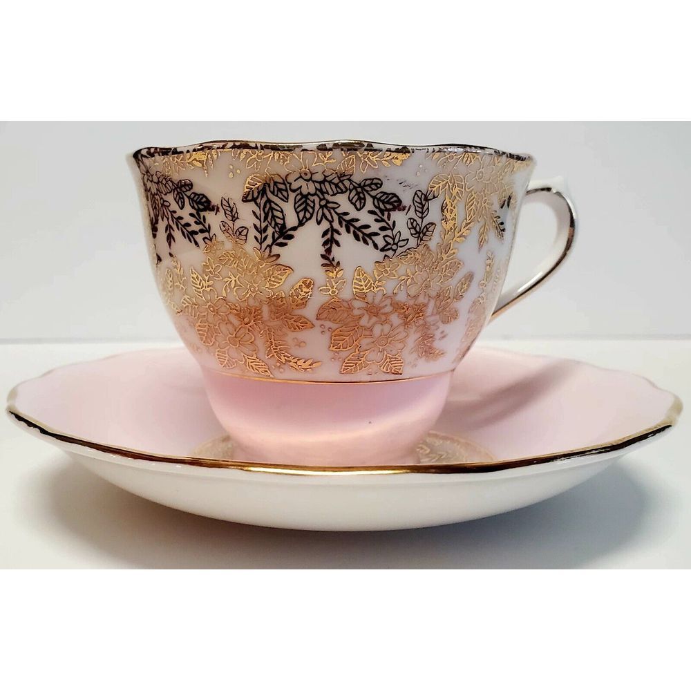 VTG Colclogh Tea Cup & Saucer Bone China Pink & Gold White Floral Chintz 1930's